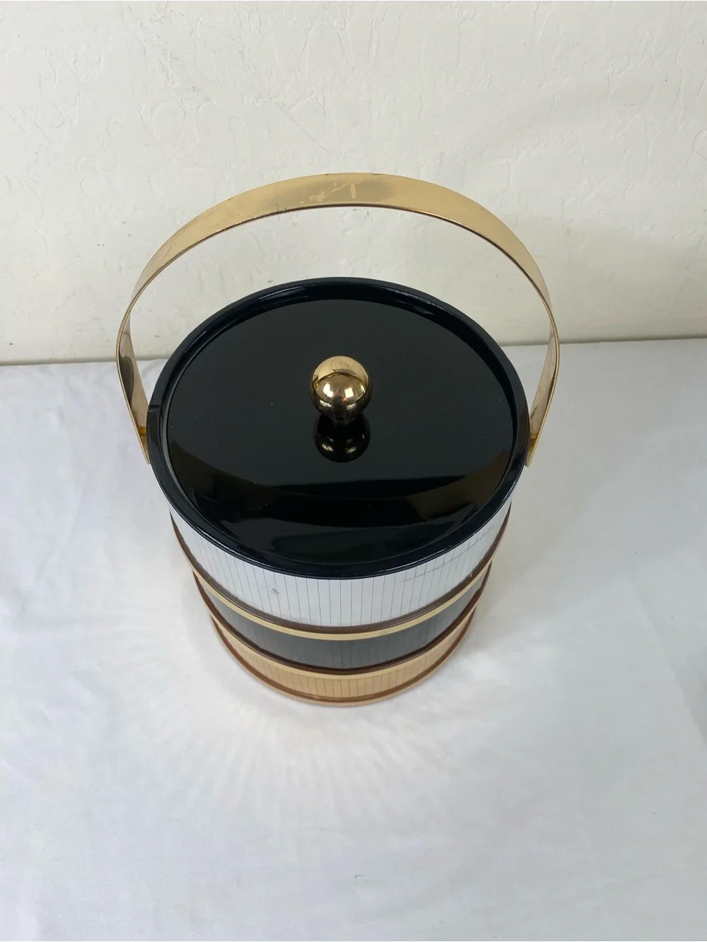 Vintage 1970s Disco ball Gold & Black Vintage Ice Bucket with Handle and tongs